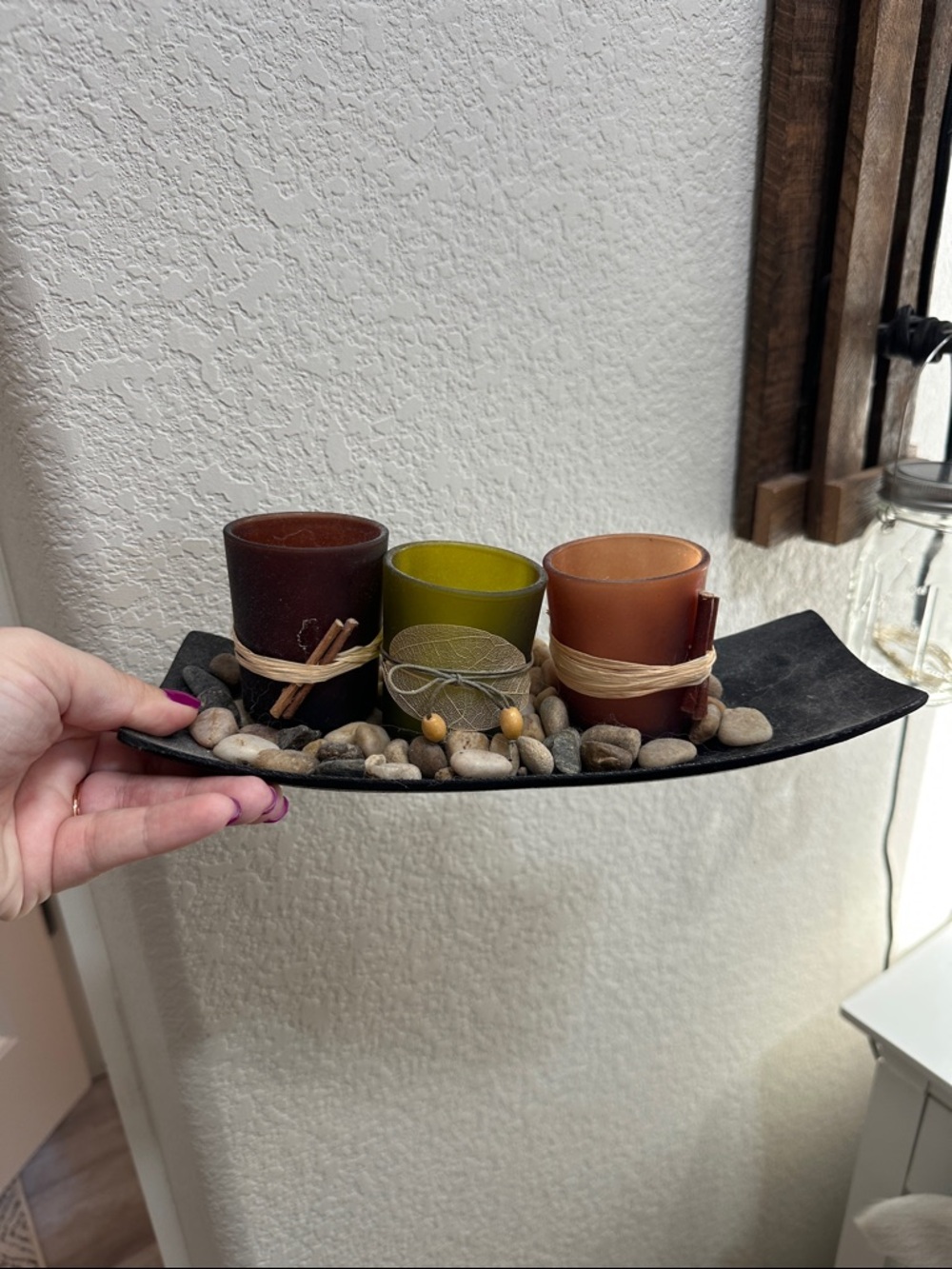 Decorative Stone Tray with Green, Amber, and Brown Glass Votive Holders